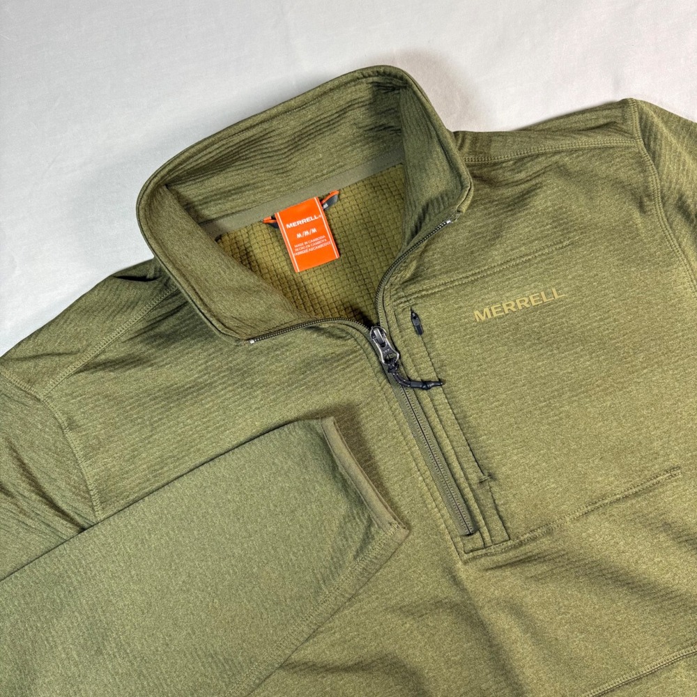 Merrell Mens M Olive Green Grid Fleece Quarter Zip Pullover Hiking Gorpcore